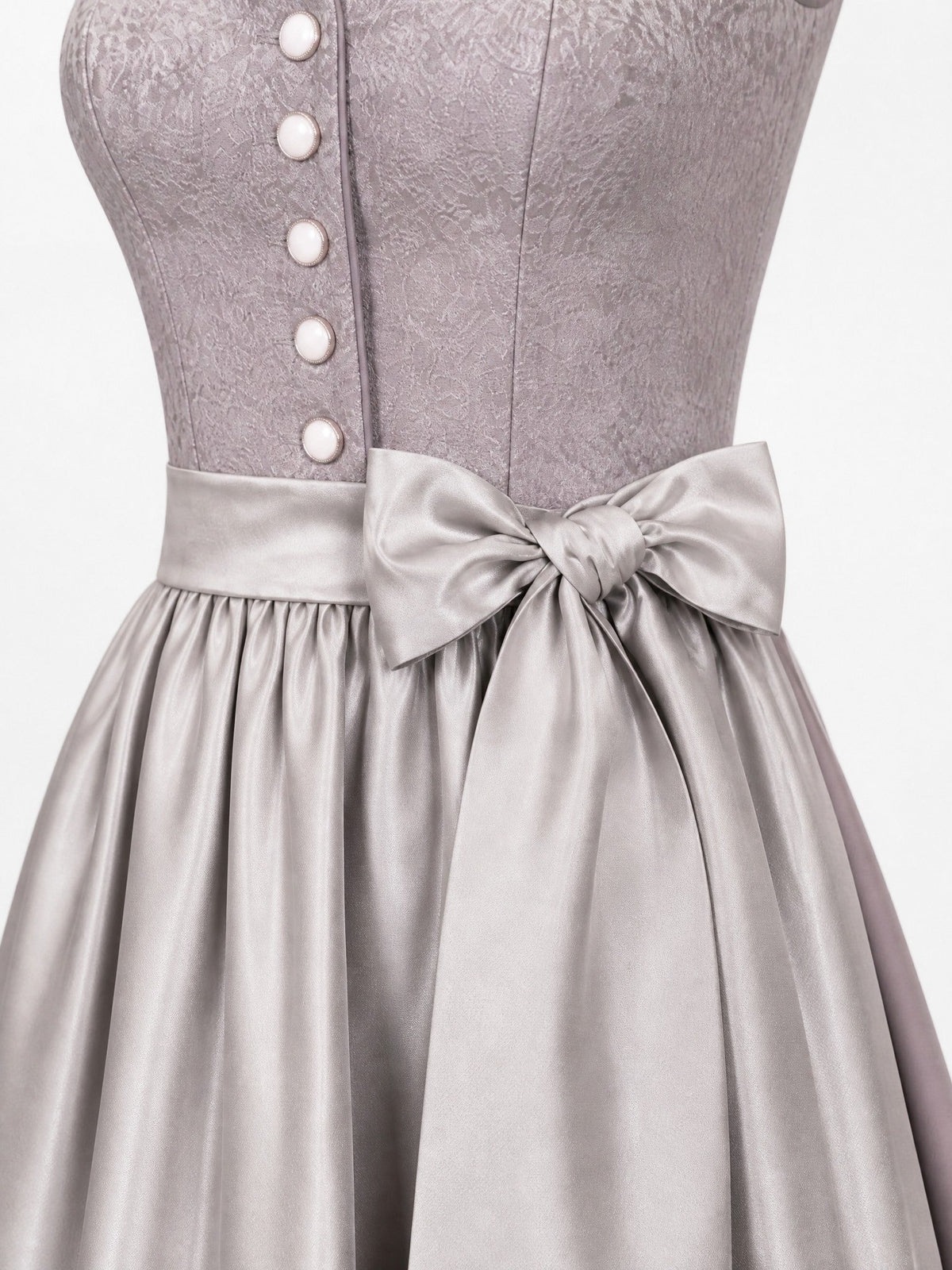 Dirndl Ella in Rauchflieder mit Perlgrau Schürze - Detailansicht Taille und Schleife
