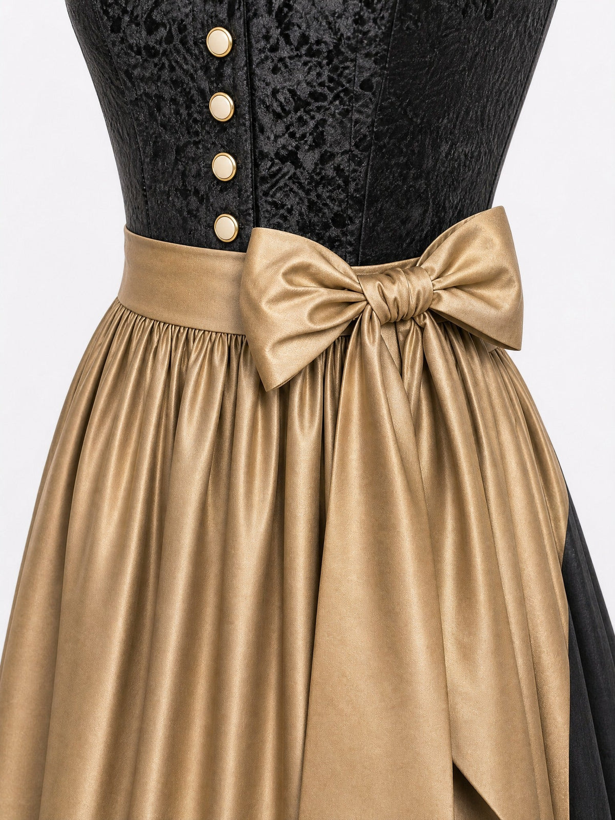 Dirndl Enna in Anthrazit mit Antikgold Schürze - Detailansicht Taille und Schleife