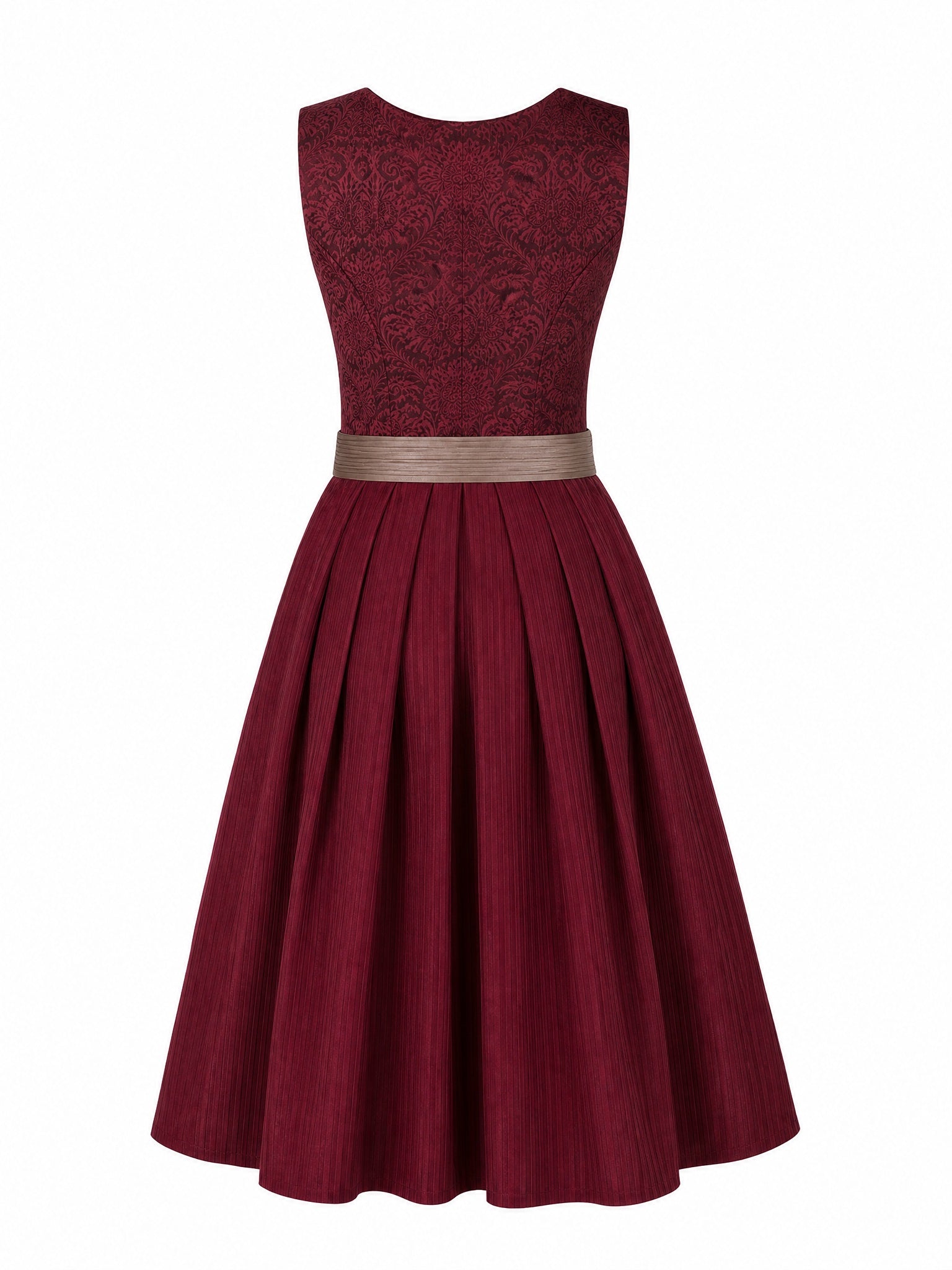 Dirndl Ilvy in Weinrot mit Taupe Schürze - Rückansicht