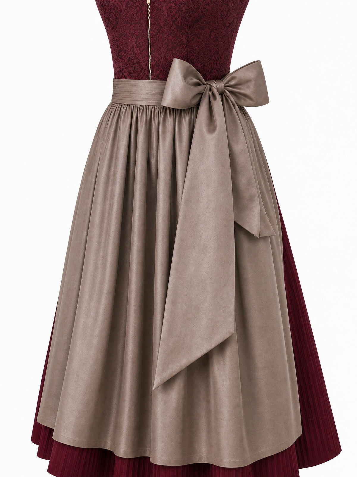 Dirndl Ilvy in Weinrot mit Taupe Schürze - Detailansicht Taille und Schleife