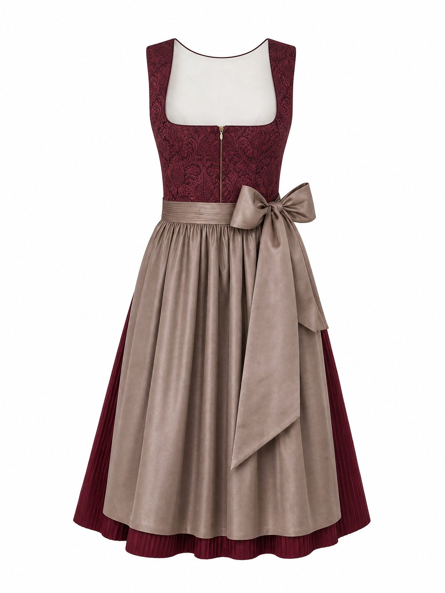 Dirndl Ilvy in Weinrot mit Taupe Schürze - Vorderansicht