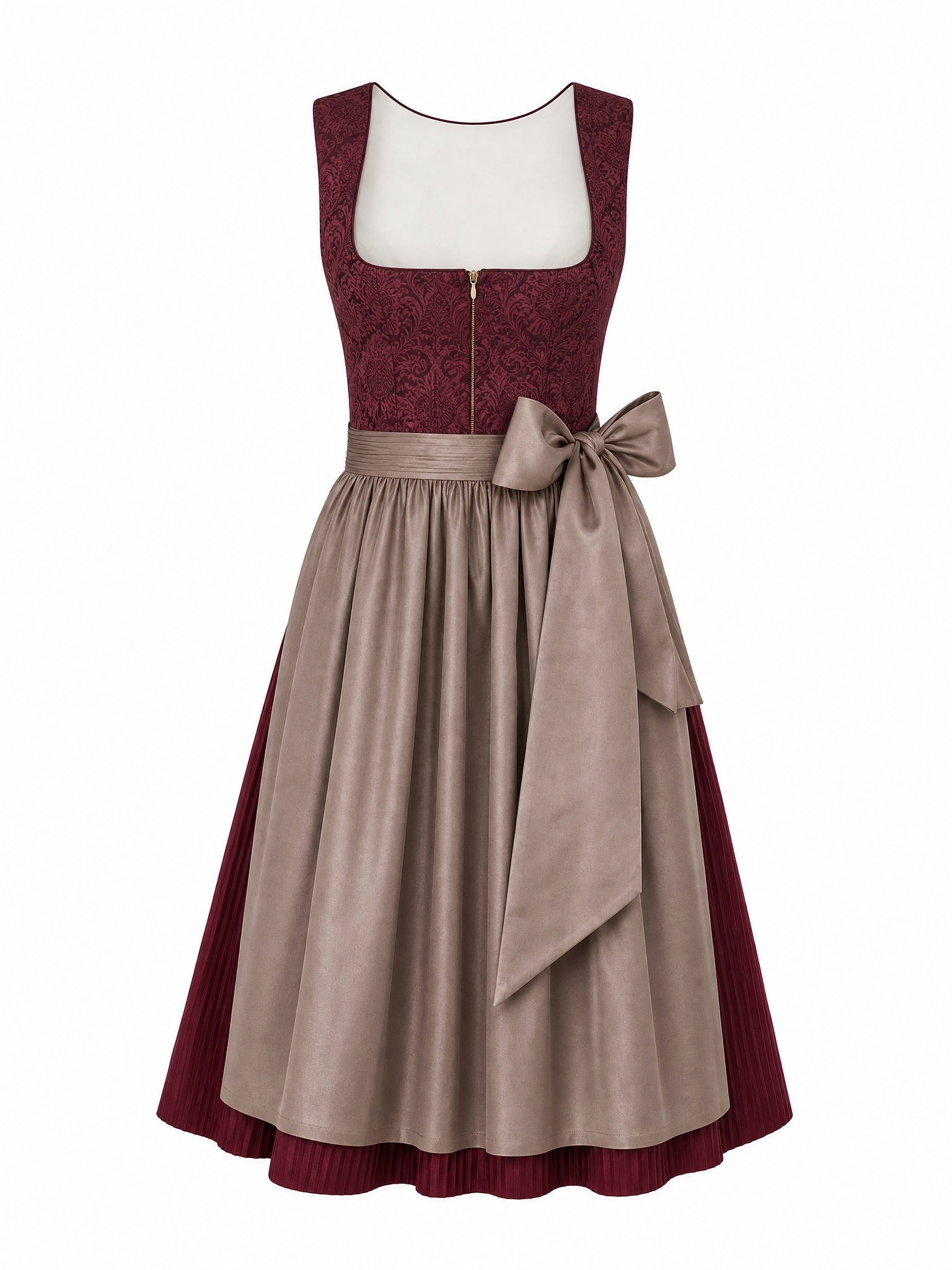 Dirndl Ilvy in Weinrot mit Taupe Schürze - Vorderansicht
