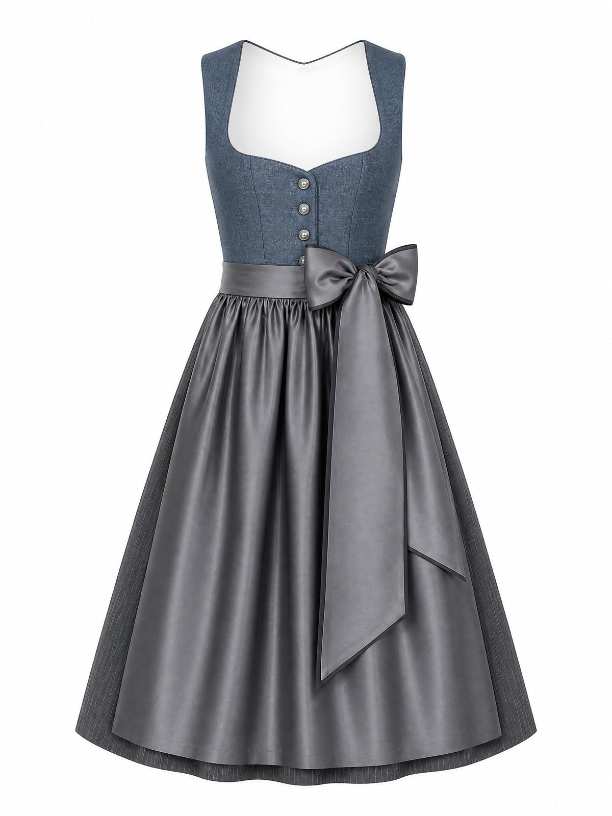 Dirndl Bella in Stahlblau mit Sturmgrau Schürze - Vorderansicht