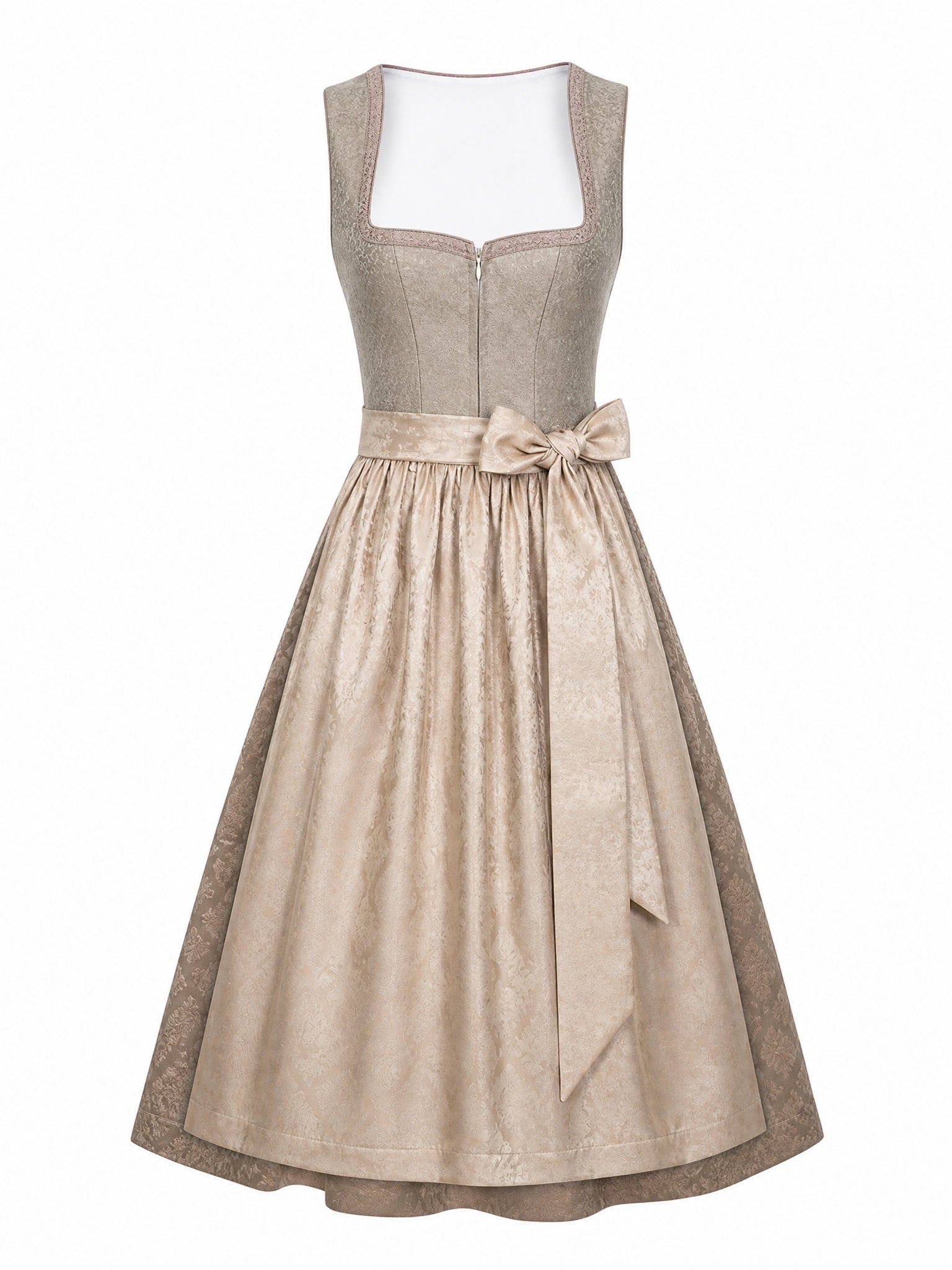 Dirndl Luisa in Beigegrau mit Champagner Schürze - Vorderansicht