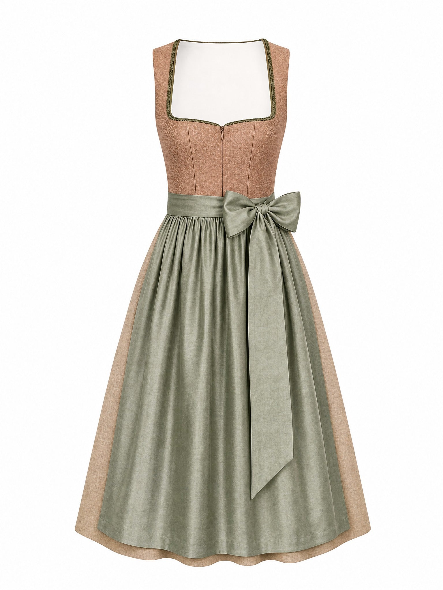 Dirndl Yara in Tonbeige mit Eukalyptusgrün Schürze - Vorderansicht