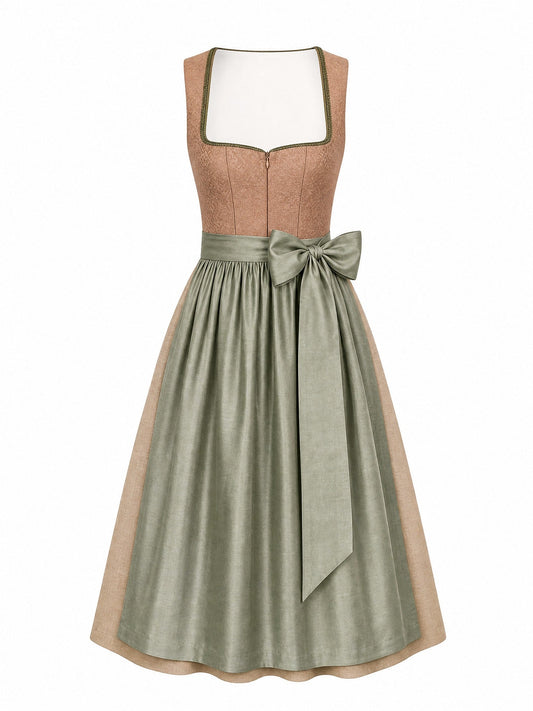 Dirndl Yara in Tonbeige mit Eukalyptusgrün Schürze - Vorderansicht