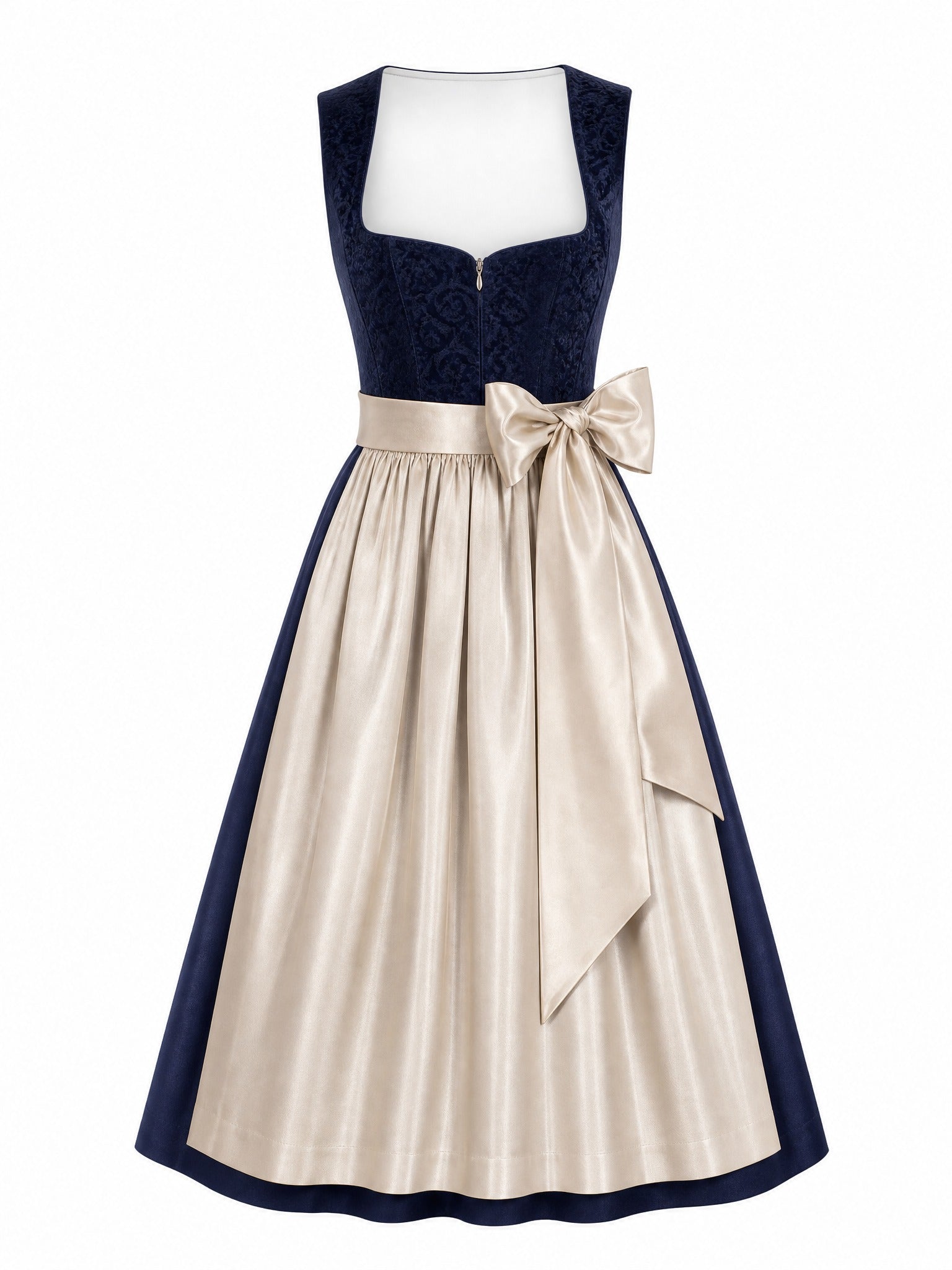 Dirndl Carla in Mitternachtsblau mit Champagner Schürze - Vorderansicht