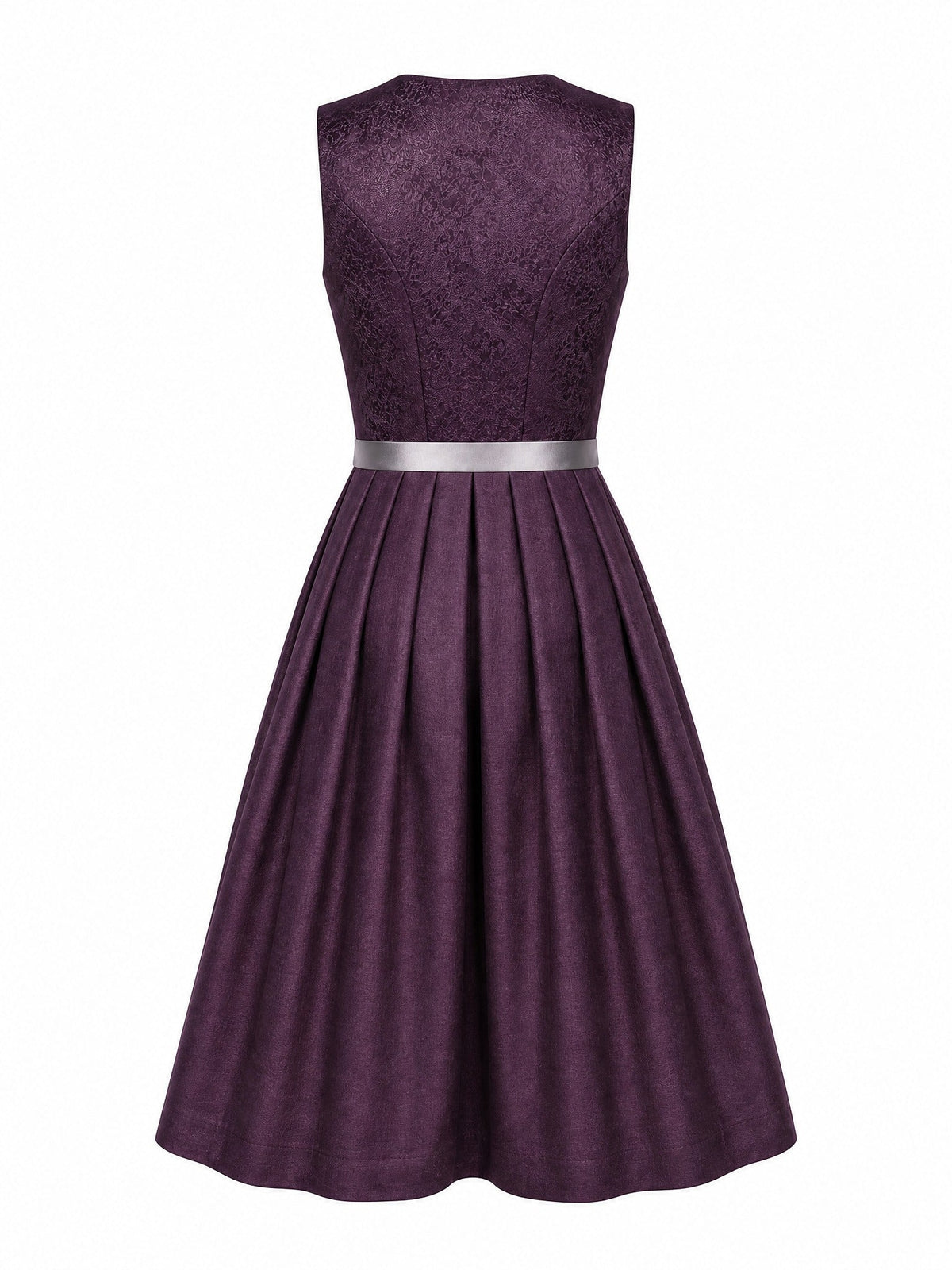 Dirndl Cecilia in Aubergine mit Perlgrau Schürze - Rückansicht