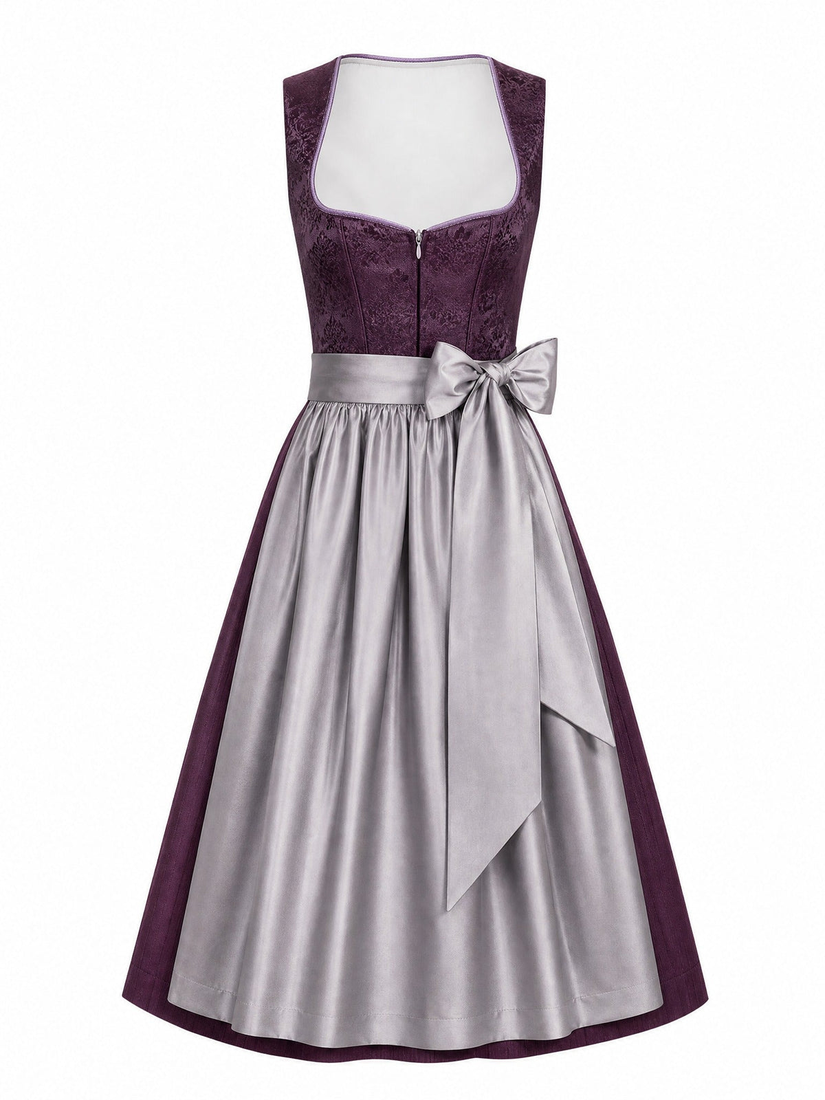 Dirndl Cecilia in Aubergine mit Perlgrau Schürze - Vorderansicht