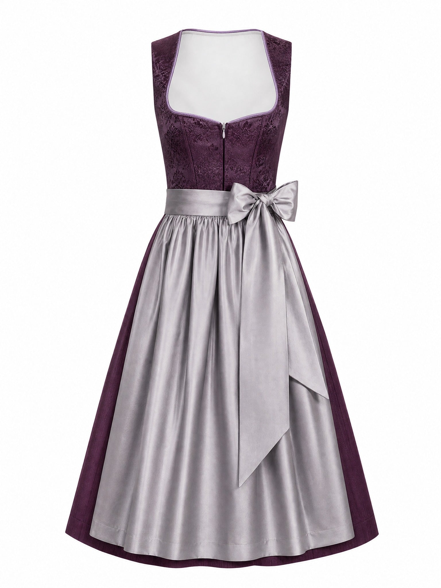 Dirndl Cecilia in Aubergine mit Perlgrau Schürze - Vorderansicht