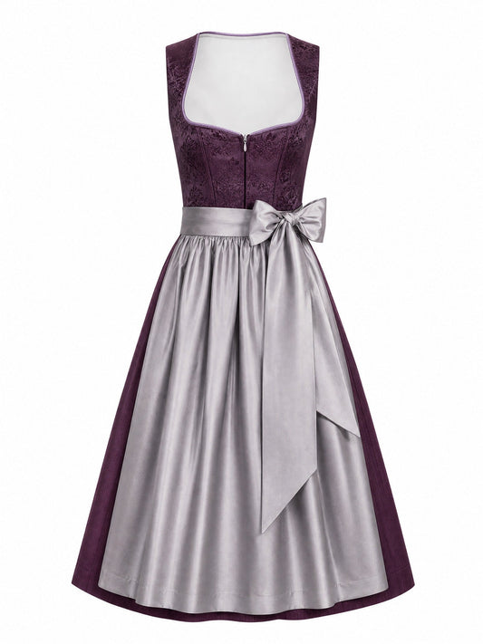 Dirndl Cecilia in Aubergine mit Perlgrau Schürze - Vorderansicht