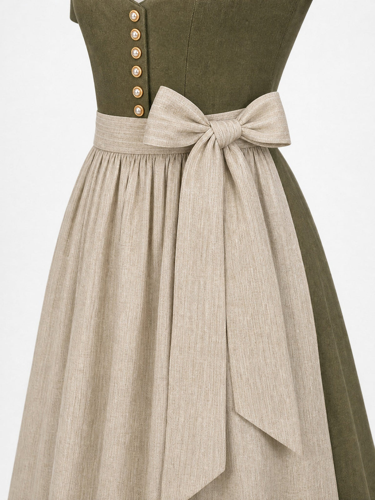 Dirndl Daria in Dunkeloliv mit Flachs Schürze - Detailansicht Taille und Schleife
