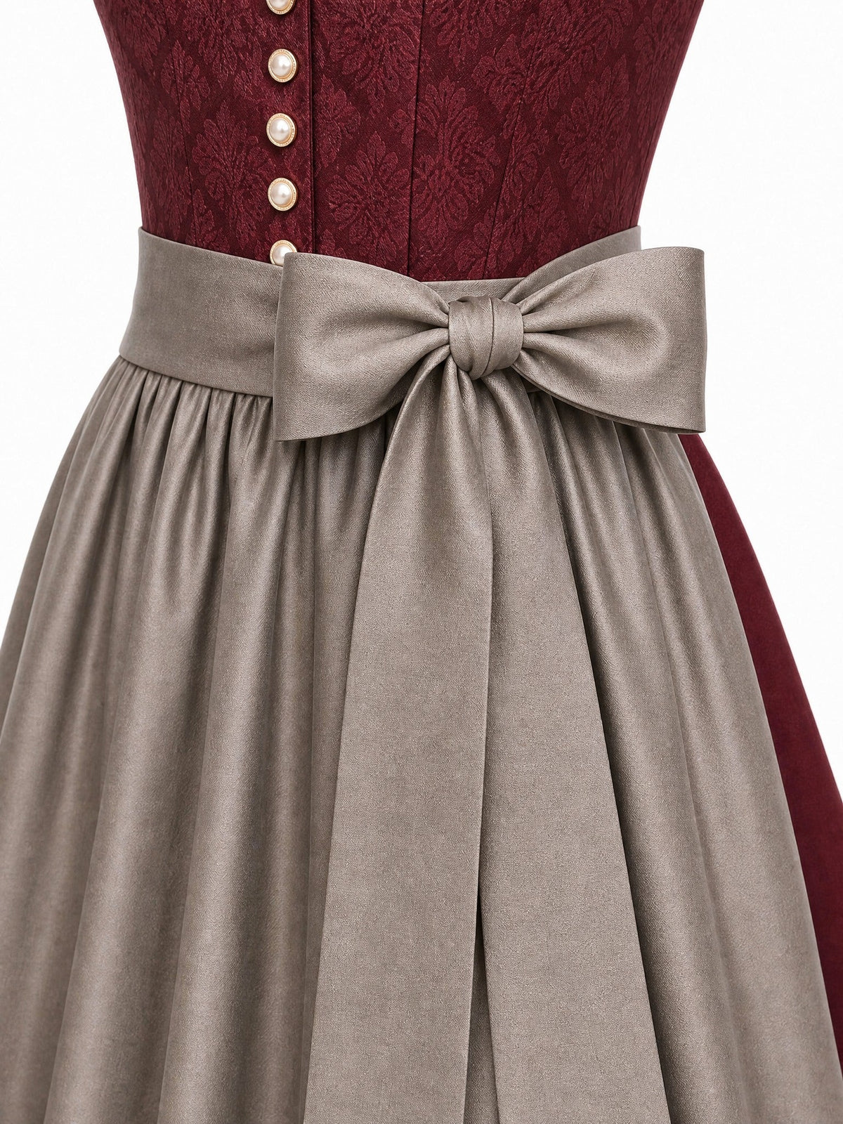Dirndl Felicia in Weinrot mit Taupe Schürze - Detailansicht Taille und Schleife