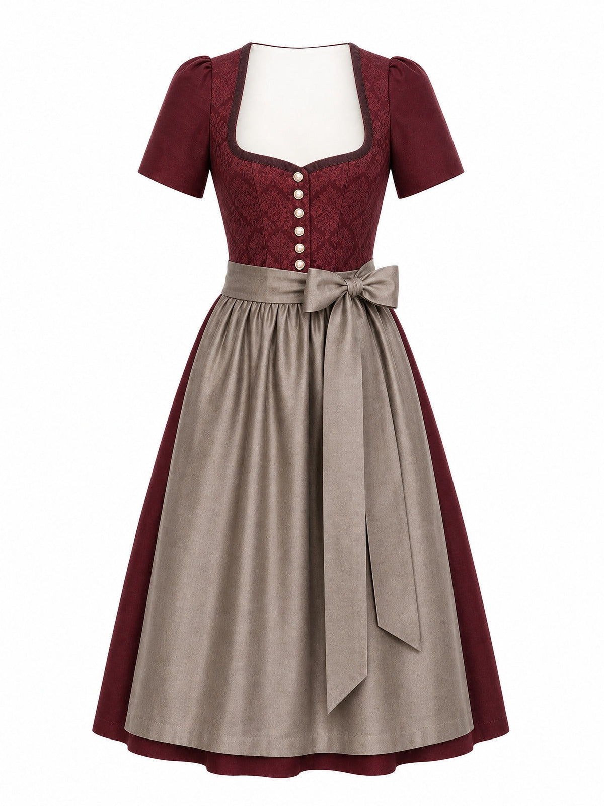 Dirndl Felicia in Weinrot mit Taupe Schürze - Vorderansicht