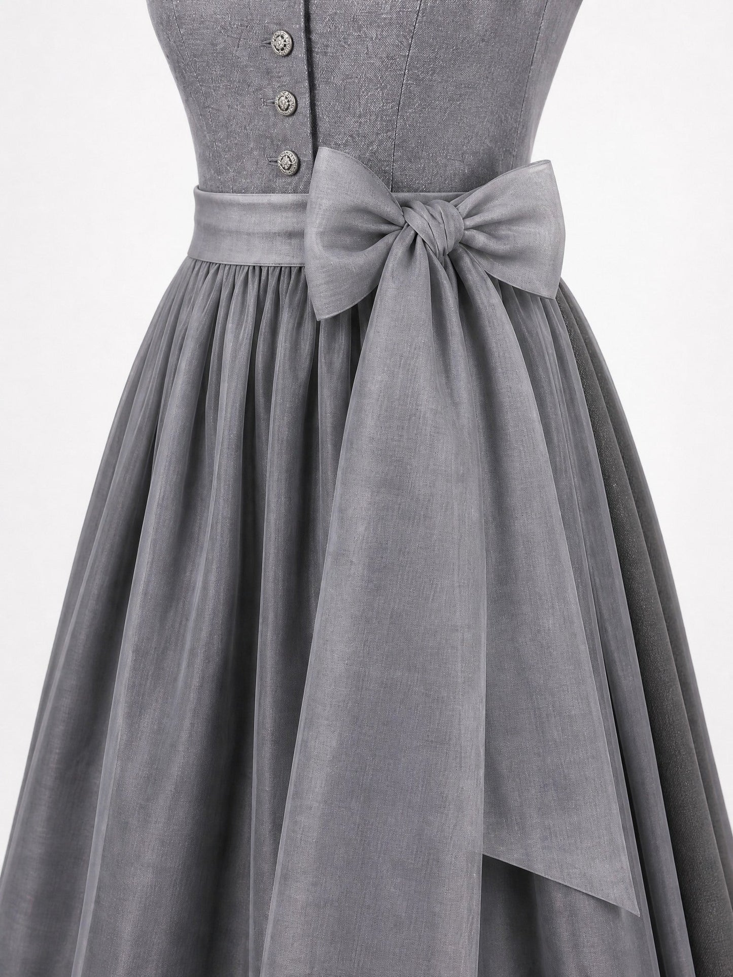 Dirndl Katharina in Schiefergrau mit Sturmgrau Schürze - Detailansicht Taille und Schleife