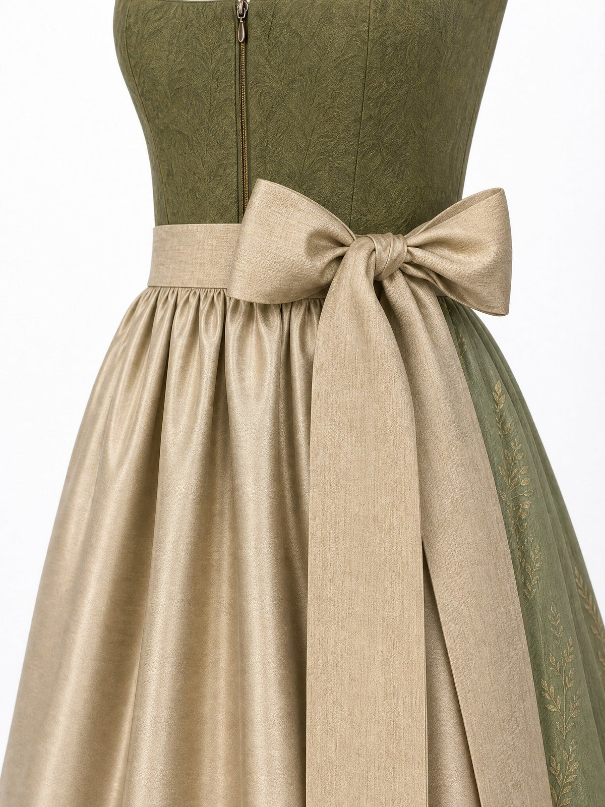 Dirndl Lina in Moosgrün mit Warmer Sand Schürze - Detailansicht Taille und Schleife