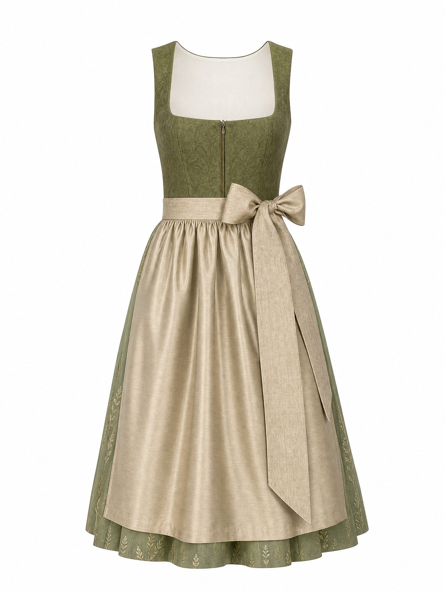 Dirndl Lina in Moosgrün mit Warmer Sand Schürze - Vorderansicht