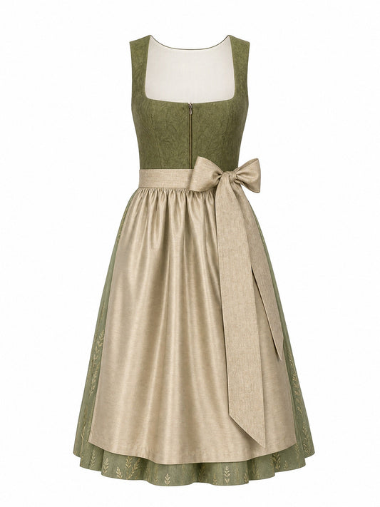 Dirndl Lina in Moosgrün mit Warmer Sand Schürze - Vorderansicht